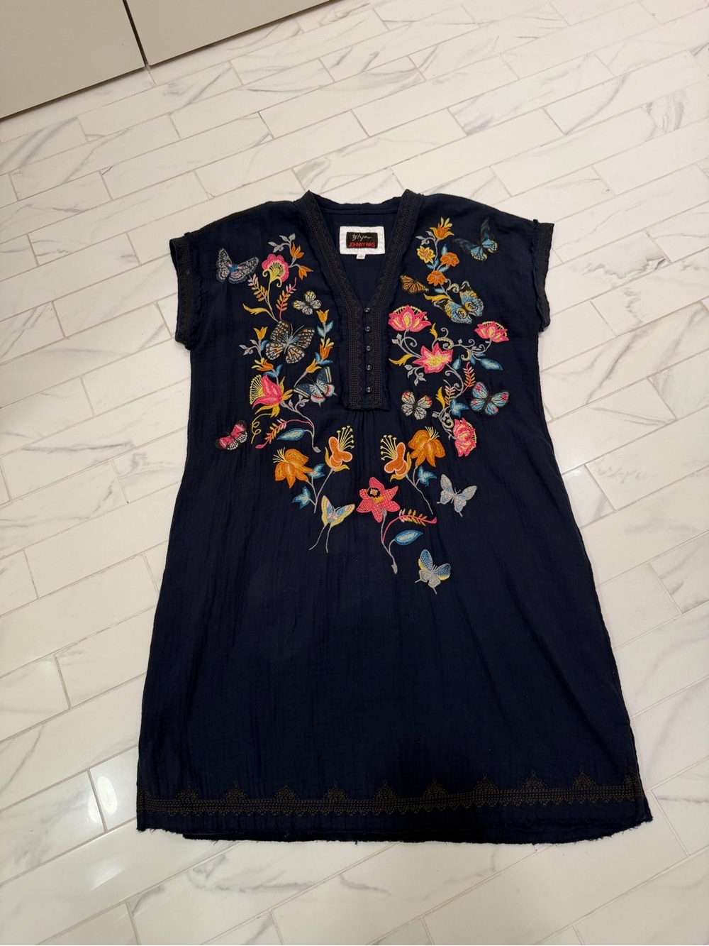 Johnny Was Biya Navy Embroidered Butterfly Floral Tunic Dress Medium - Picture 13 of 13